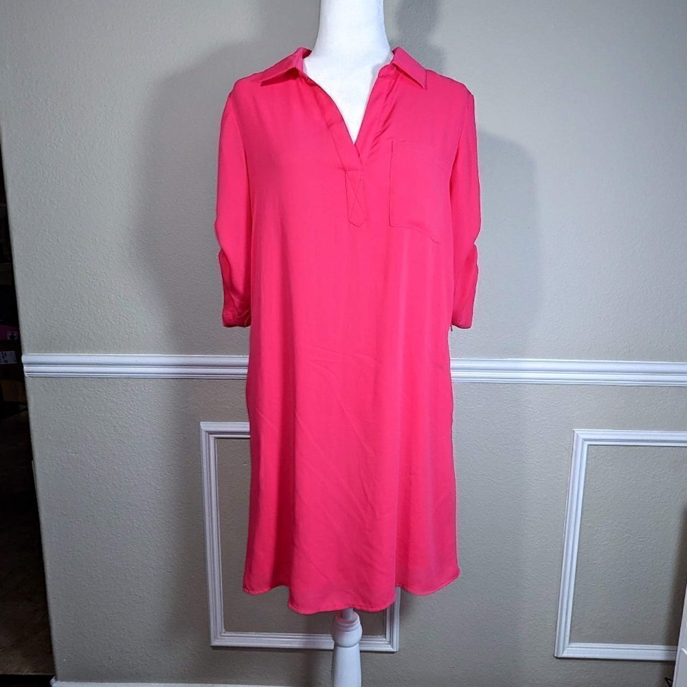 Pink Collared Shift Shirtdress with Pockets